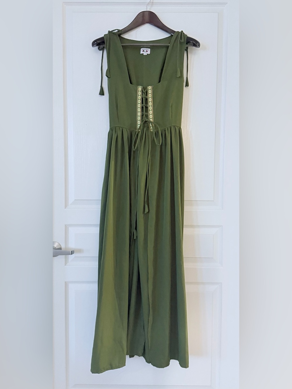 Olive Green Sleeveless Maxi Adjustable Corset Outer Dress with Tie Details